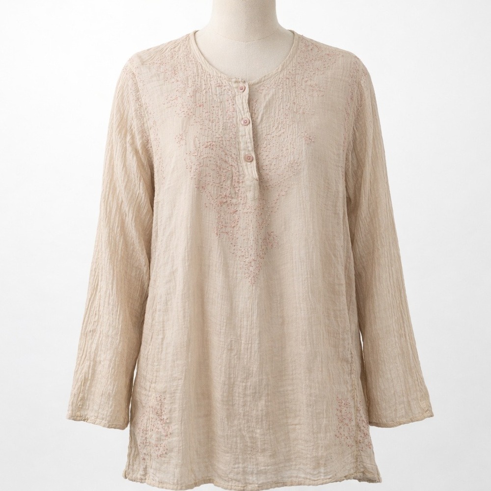 Cotton Gauze Embroidered Henley Tunic Sz M Tan Indie Sleaze Coastal Lightweight